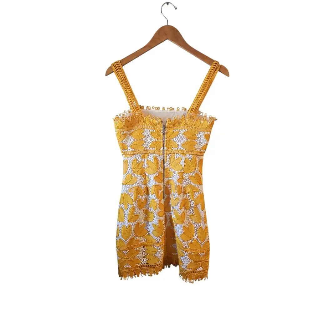 Saylor yellow white crochet summer floral mini dress sz XS